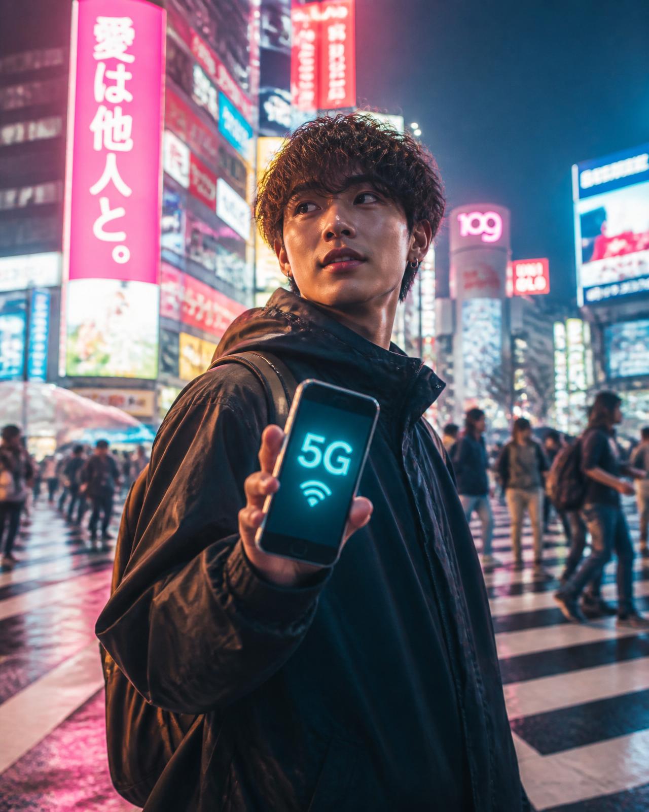 Traveler in Tokyo showing a phone connected to a local 5G network